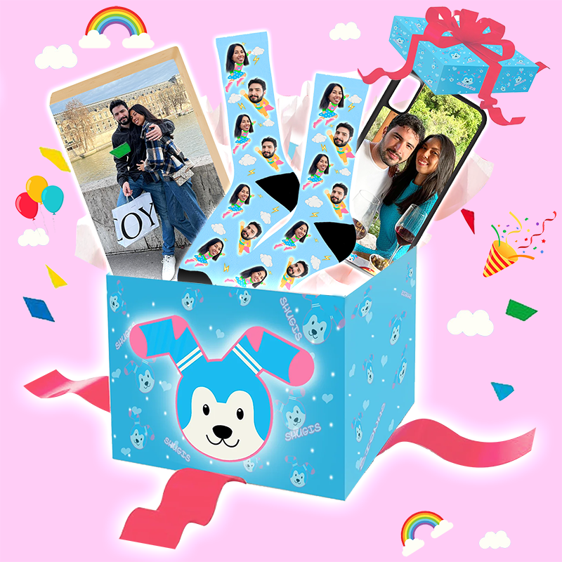 מארז מתנה בעיצוב אישי שוגיס בוקס כולל גרביים ומגן טלפון