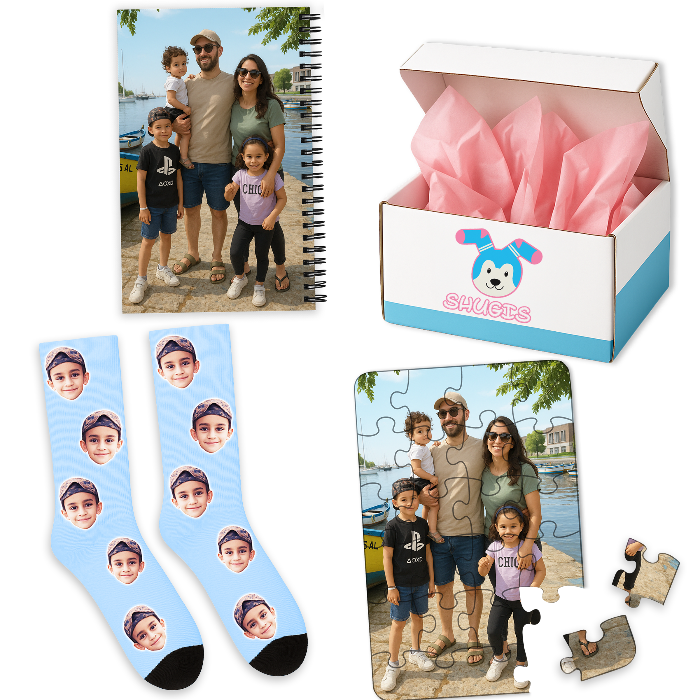 מארז מתנה לילדים בעיצוב אישי פאזל תמונה מחברת וגרביים שוגיס